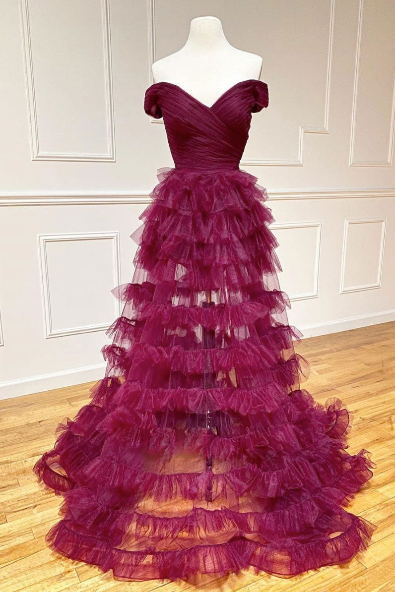 Burgundy Sweetheart Off-Shoulder Tulle Long Prom Dress Tulle Formal Dress