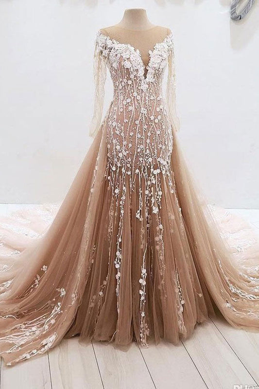 Champagne Tulle Lace Long Prom Dress Champagne Tulle Evening Dress