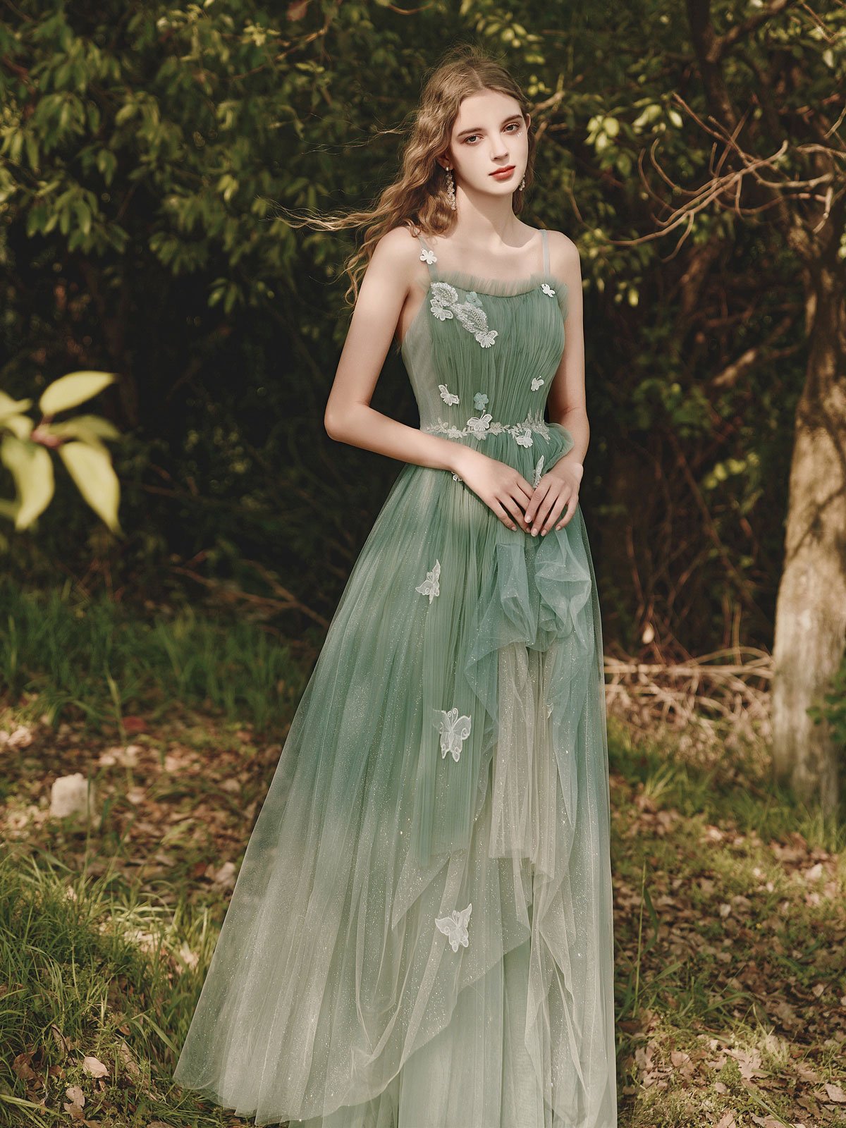 Green Tulle Lace Long Prom Dress Green Formal Gown