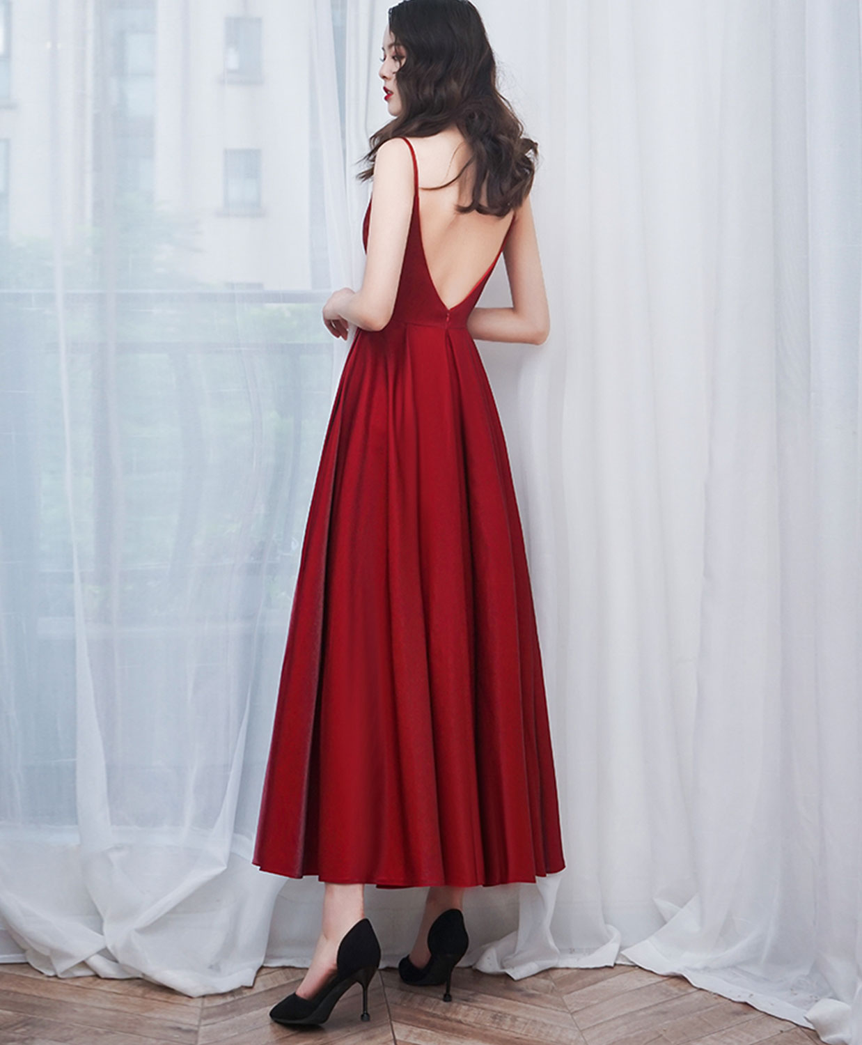 A-Line Satin Burgundy Prom Dress Burgundy Tea-Length Bridesmaid Dress