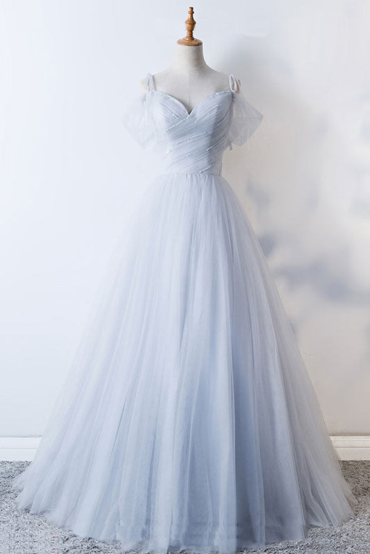 Gray Sweetheart Tulle Long Prom Dress Gray Evening Dress