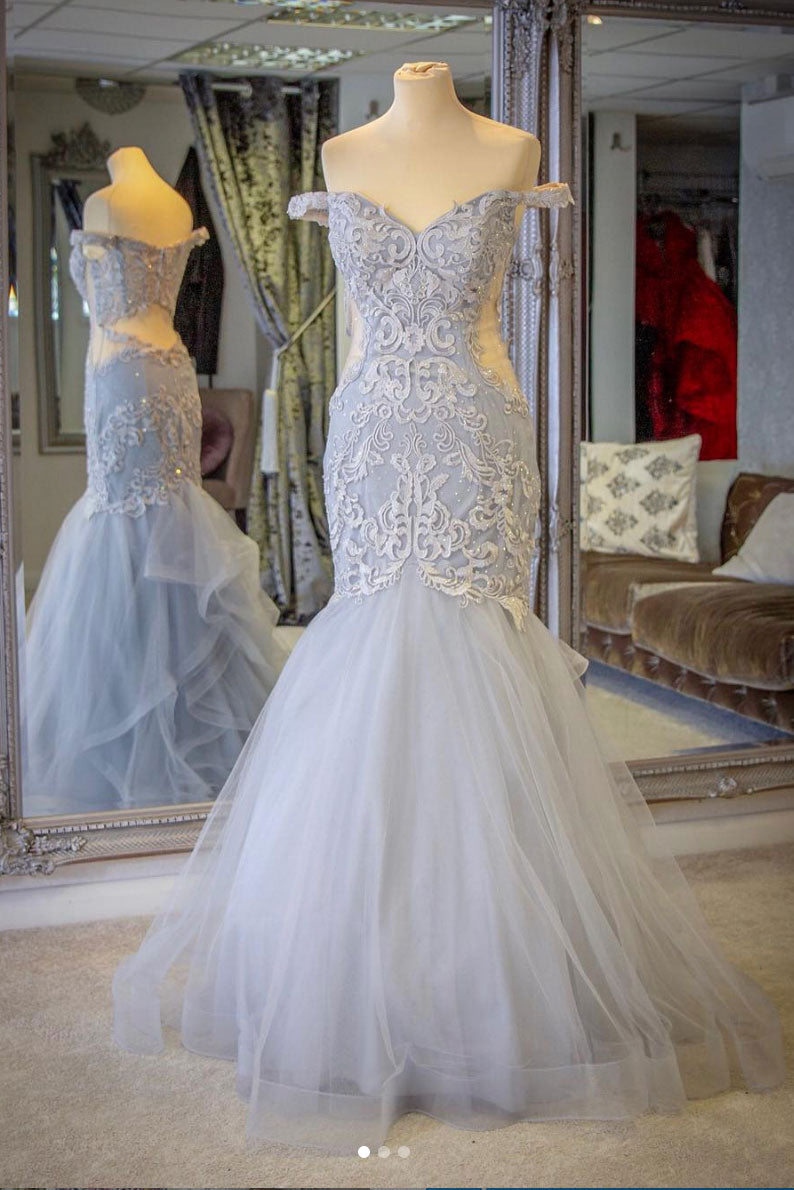 Gray Tulle Lace Mermaid Long Prom Dress Gray Evening Gown