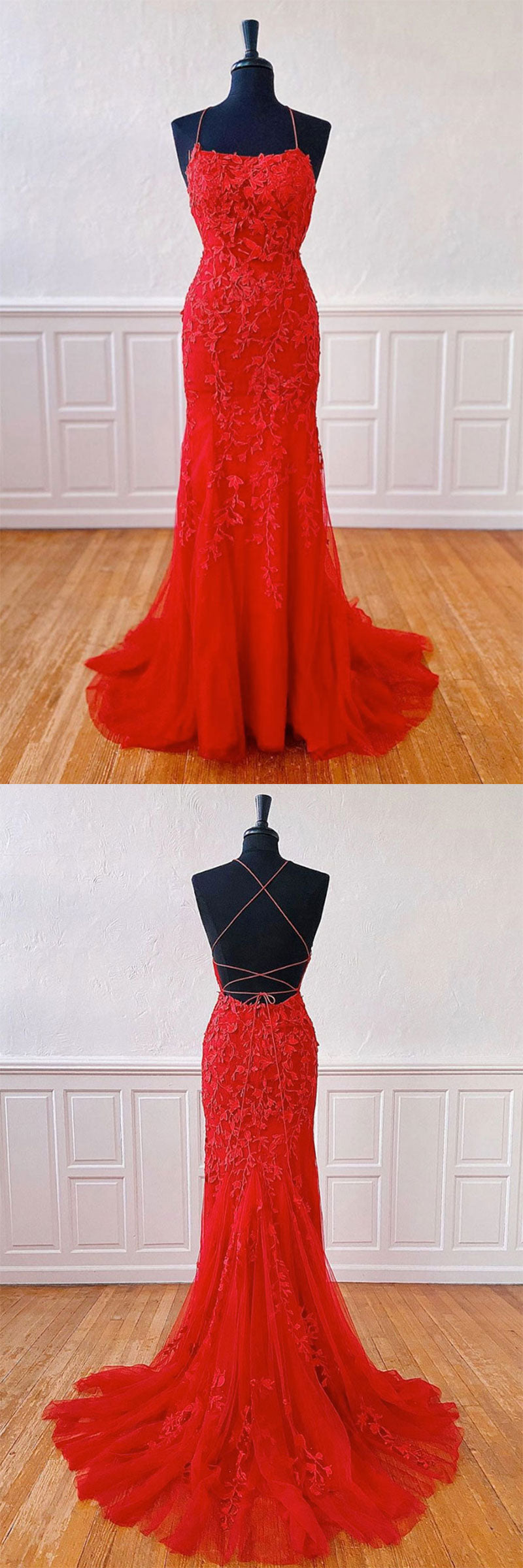 Red Lace Mermaid Long Prom Dress Lace Mermaid Evening Gown