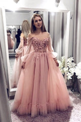 Pink Sweetheart Tulle Lace Long Prom Dress Pink Evening Dress