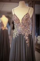 Charcoal Gray Lace Beaded Chiffon Long Prom Dress Evening Dress