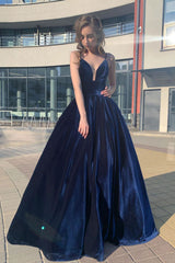 Simple V-Neck Blue Long Prom Dress Blue Formal Gown