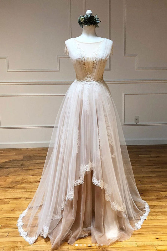 Champagne Tulle Lace Long Prom Dress Champagne Evening Dress