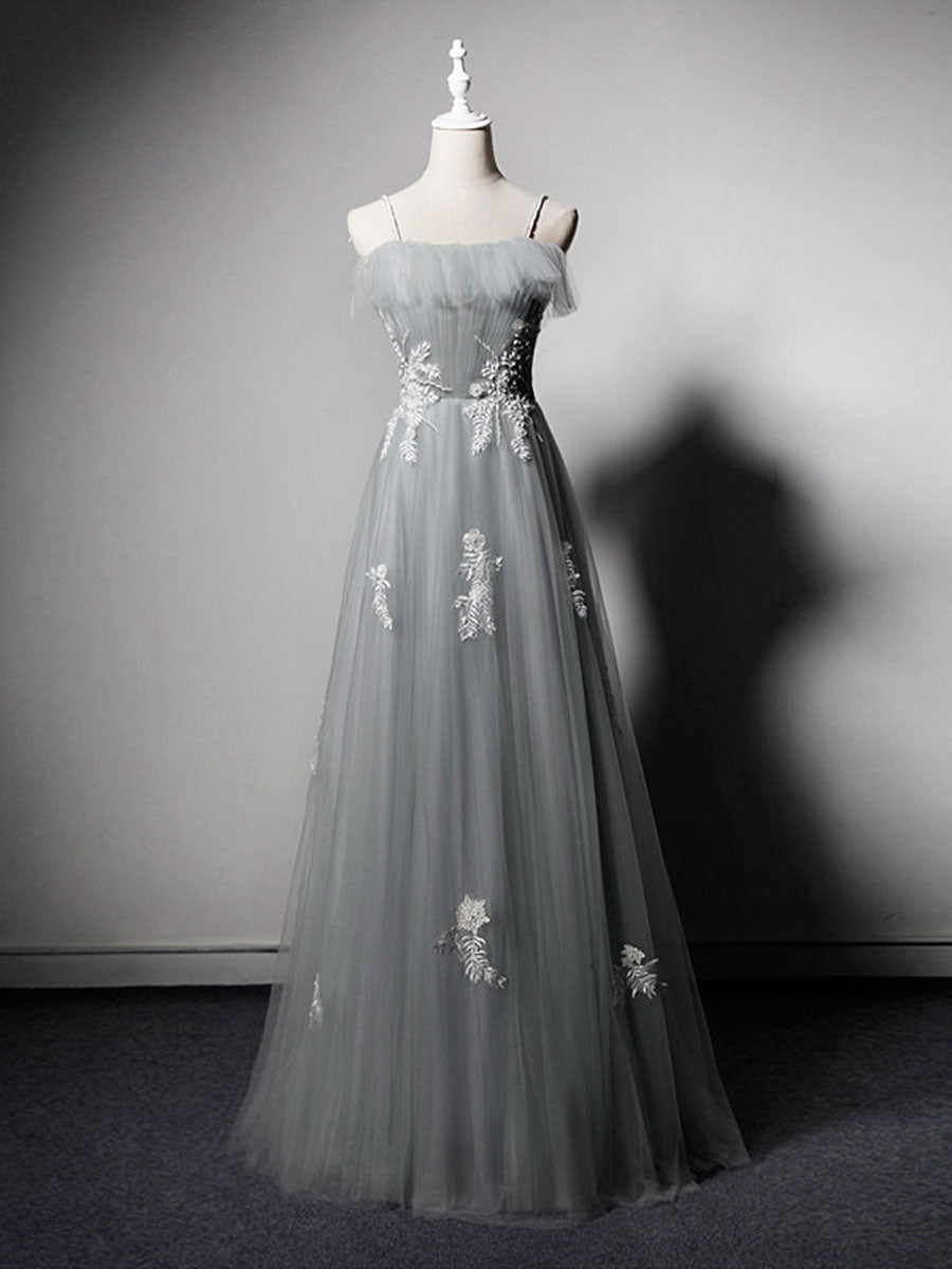 Simple Gray Tulle Lace Long Prom Dress Gray Tulle Formal Dress