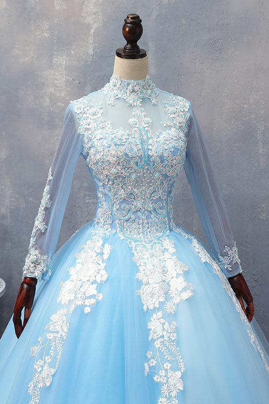 Blue Tulle Lace Long Prom Dress Blue Tulle Lace Evening Dress