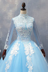 Blue Tulle Lace Long Prom Dress Blue Tulle Lace Evening Dress