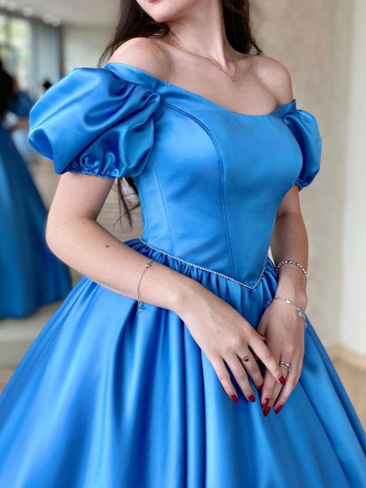 Blue Satin Long Prom Dress A-Line Long Blue Graduation Dress