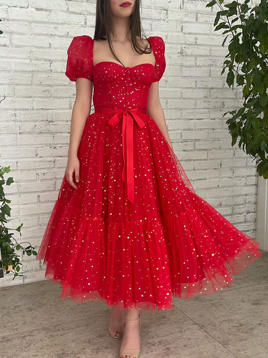 Red Tulle Tea Length Prom Dress Tulle Bridesmaid Dress