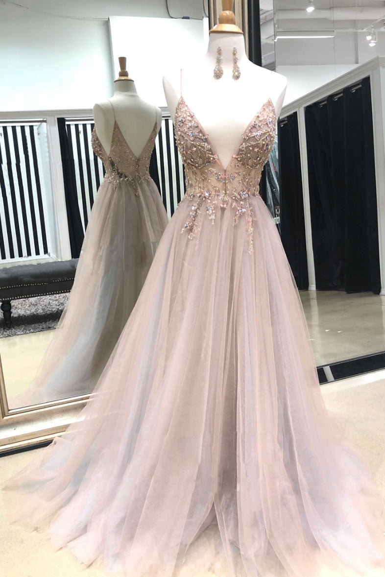 Pink V-Neck Tulle Lace Beaded Long Prom Dress Pink Evening Dress