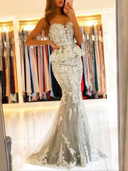 Gray Sweetheart Neck Tulle Lace Mermaid Long Prom Dress Lace Evening Gown