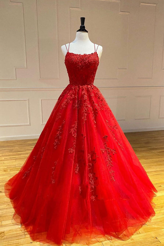 Red Tulle Lace Long Prom Dress Lace Tulle Formal Gown