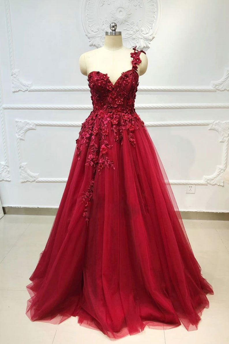 Burgundy Tulle Lace One-Shoulder Long Prom Dress Burgundy Bridesmaid Dress