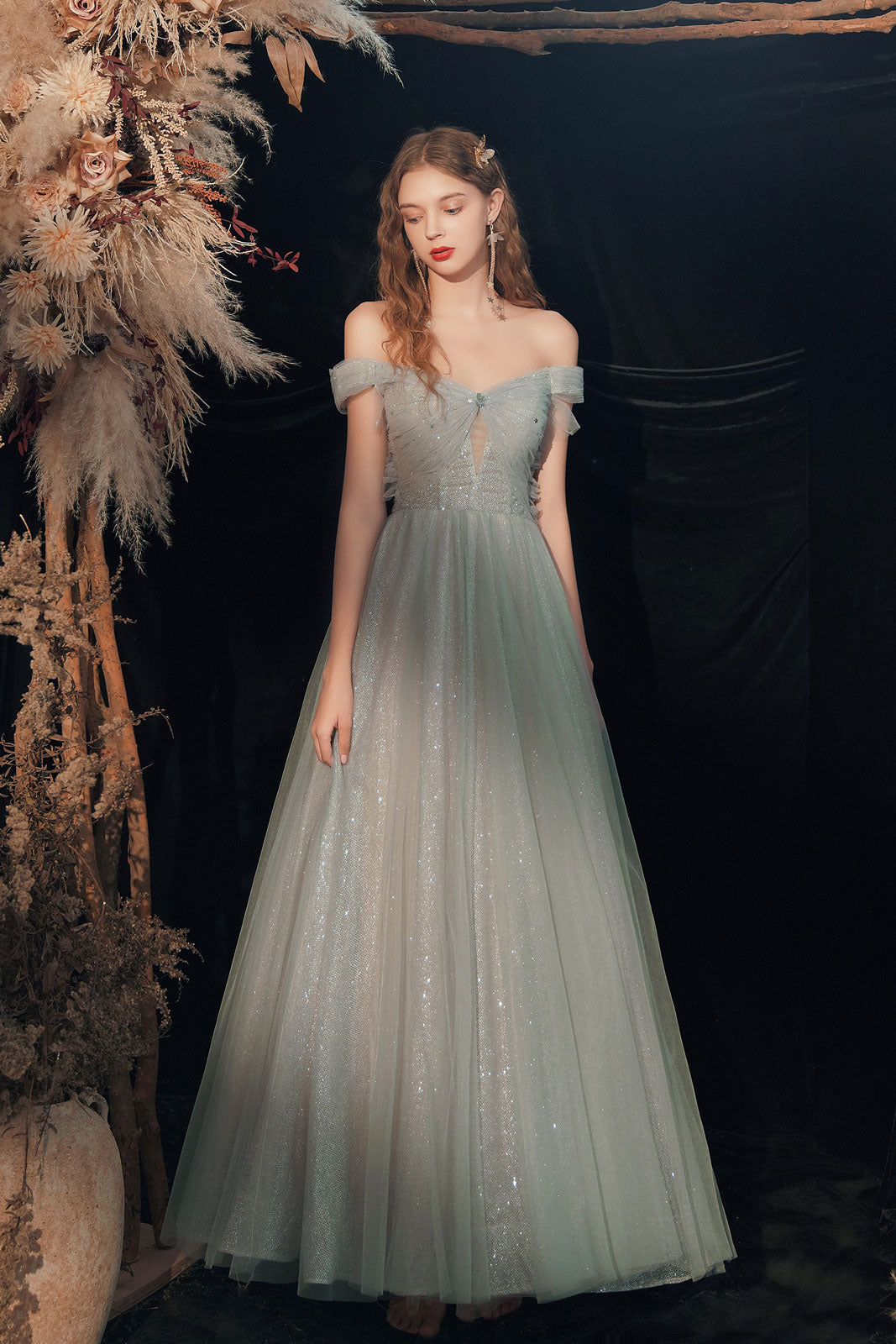 Gray Green Off-Shoulder Tulle Long Prom Dress Gray Tulle Formal Dress