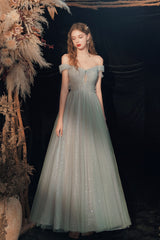 Gray Green Off-Shoulder Tulle Long Prom Dress Gray Tulle Formal Dress