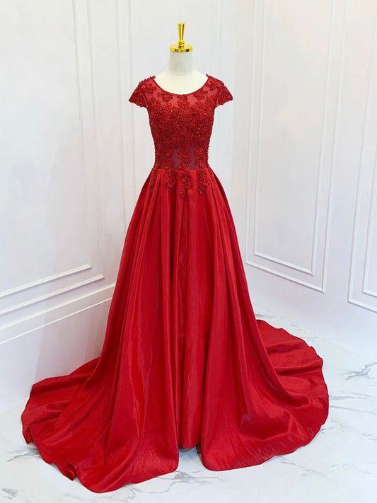 A-Line Scoop Neckline Satin Lace Burgundy Long Prom Dress Burgundy Lace Long Formal Dress