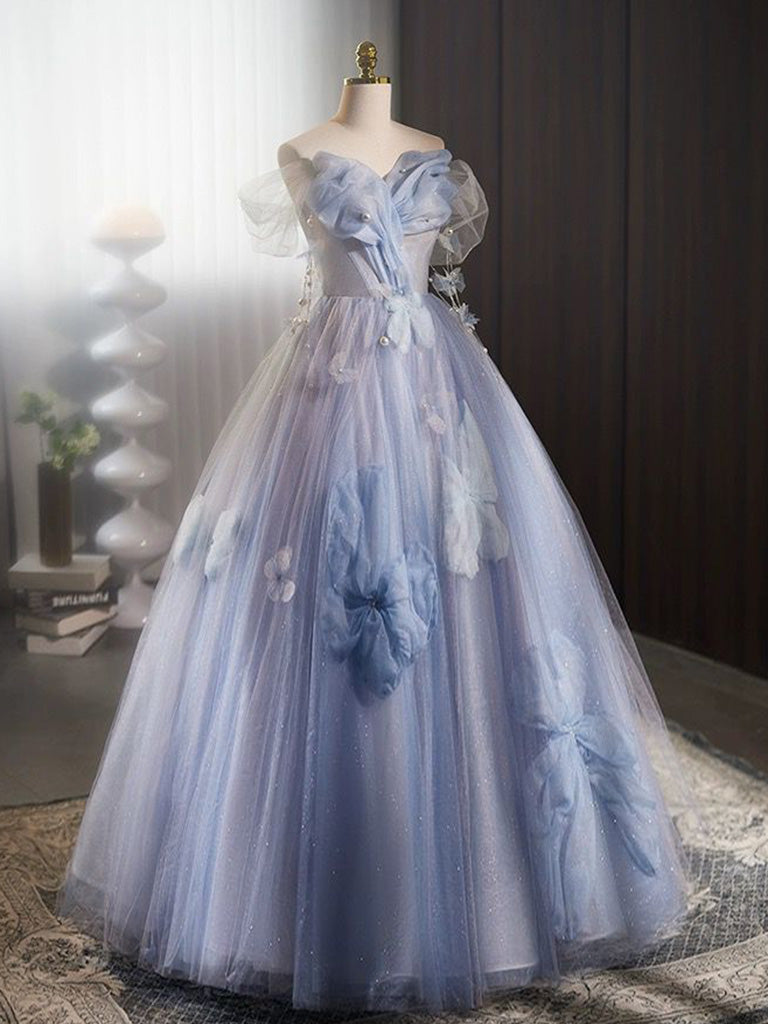 A-Line Off-Shoulder Tulle Flower Blue Long Prom Dress Blue Long Sweet 16 Dress