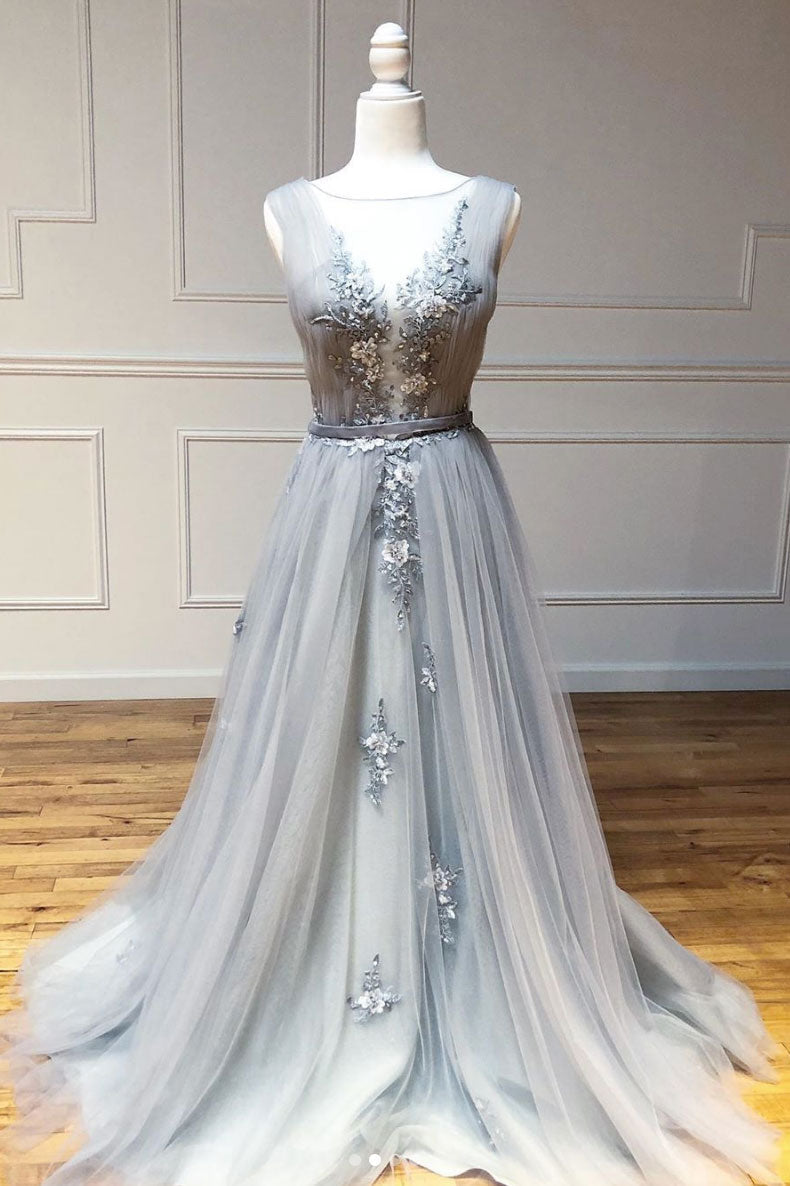 Gray V-Neck Tulle Lace Long Prom Dress Gray Lace Long Evening Dress