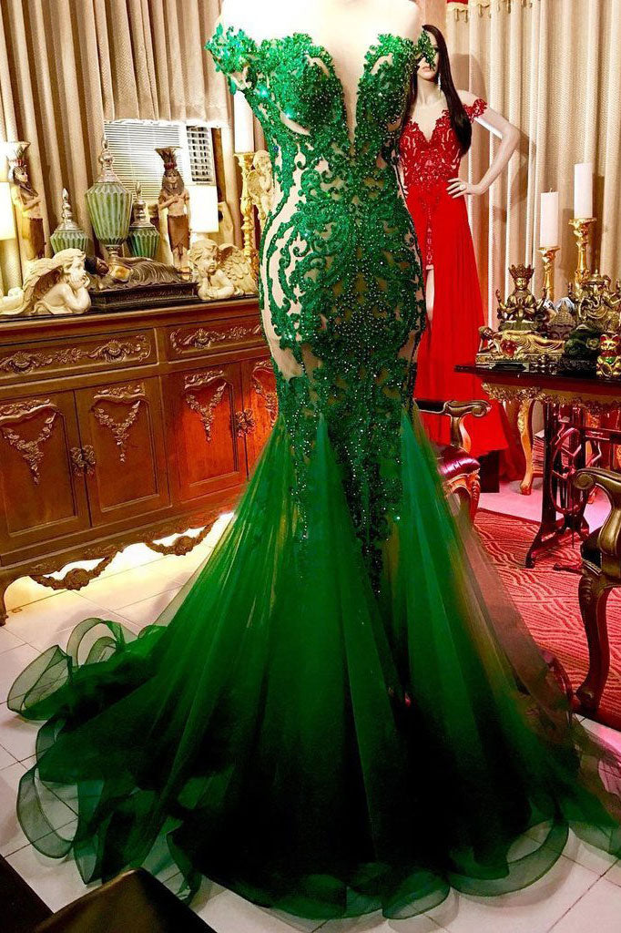 Green Lace Tulle Long Prom Dress Green Lace Evening Gown