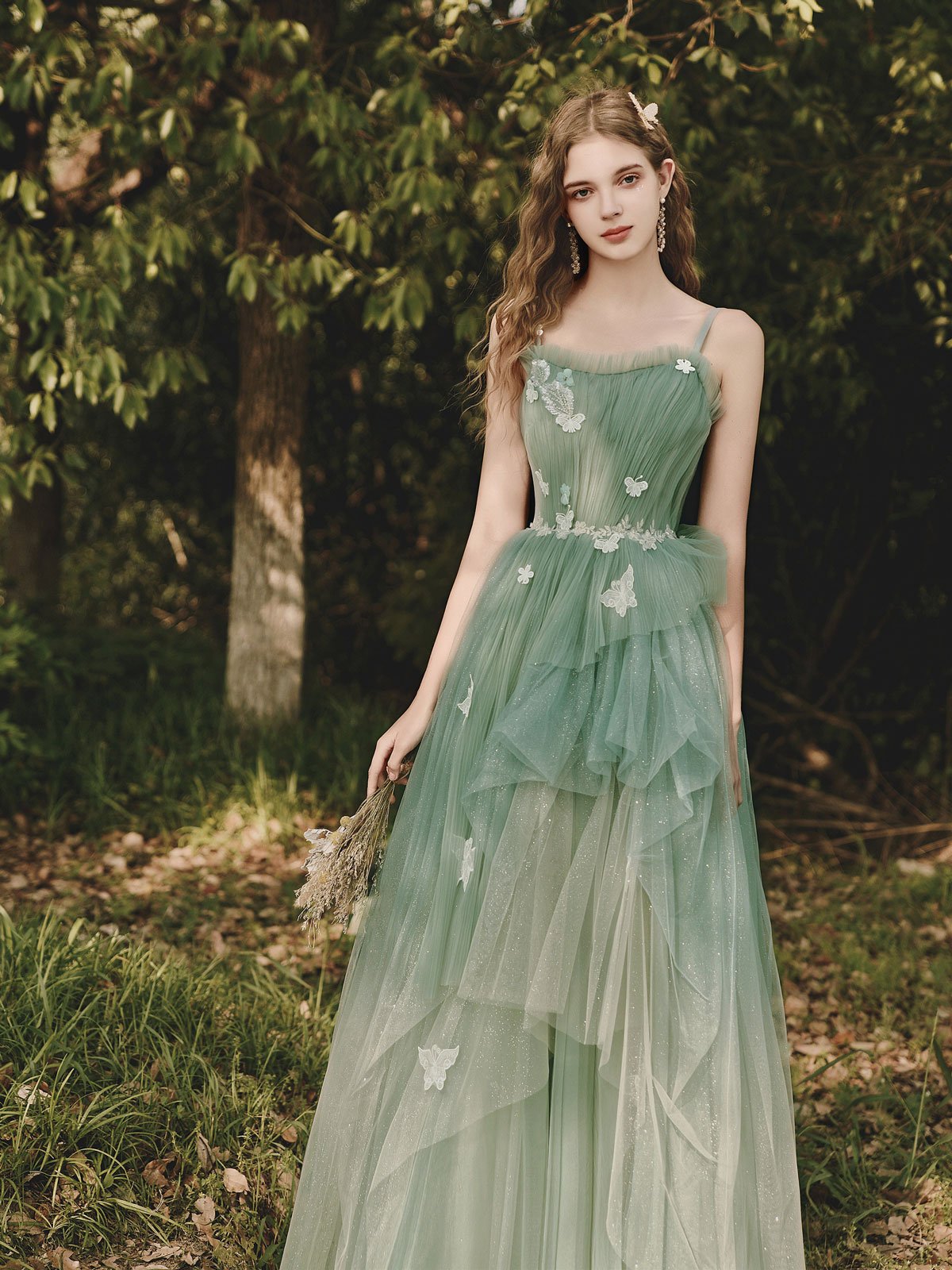 Green Tulle Lace Long Prom Dress Green Formal Gown