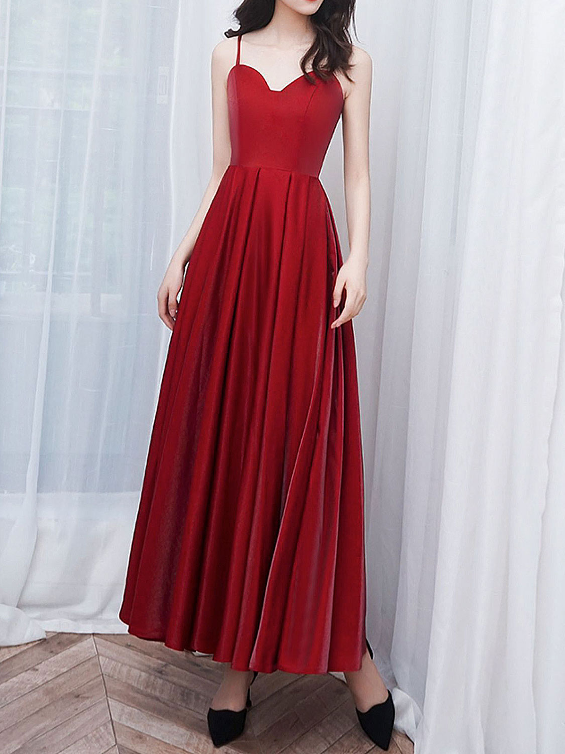 A-Line Satin Burgundy Prom Dress Burgundy Tea-Length Bridesmaid Dress