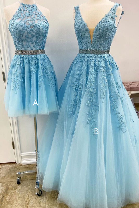 Blue Tulle Lace Long Prom Dress Lace Tulle Evening Gown