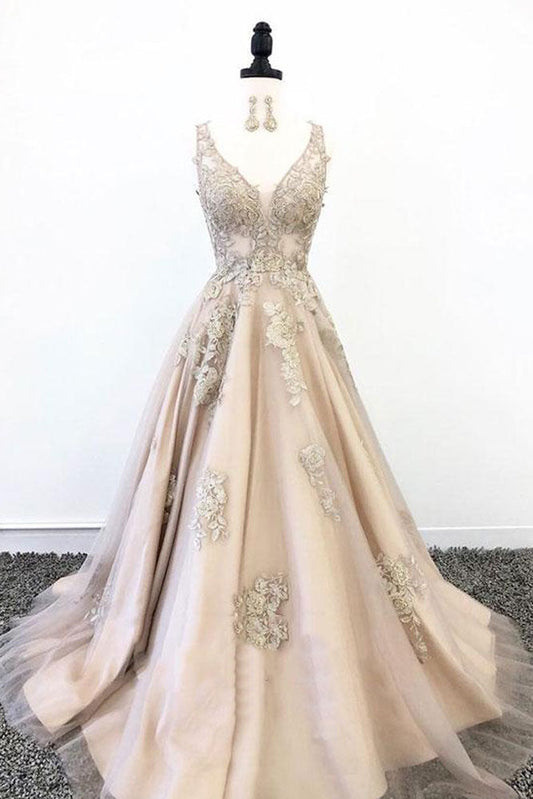 Champagne V-Neck Tulle Lace Long Prom Dress Tulle Lace Evening Gown