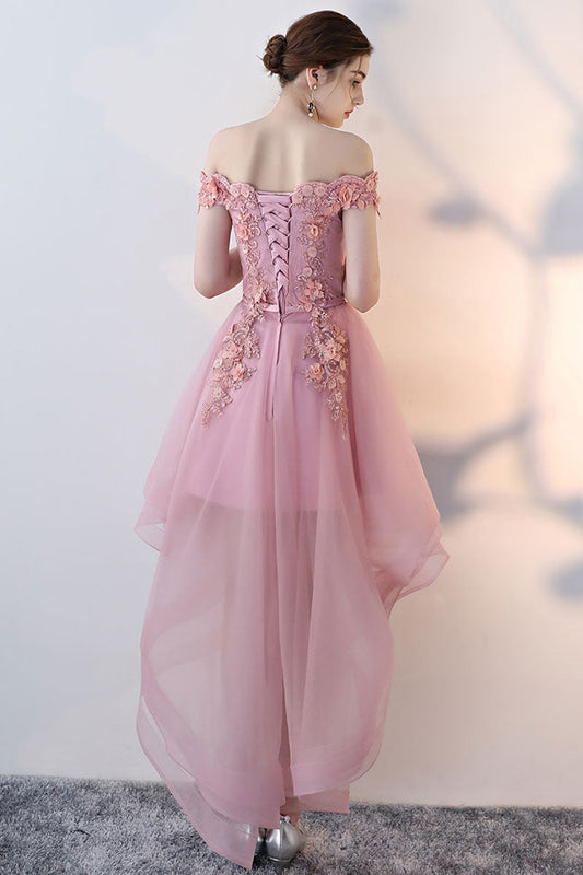 Pink Tulle Lace Off-Shoulder Short Prom Dress Pink Homecoming Dress