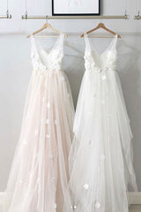 Simple V-Neck Tulle Lace Long Prom Dress Lace Evening Dress