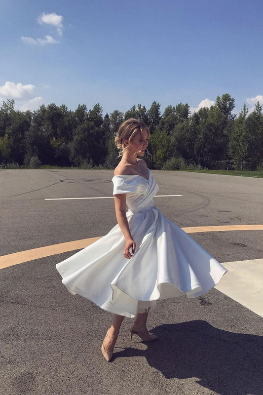 White Off-Shoulder Satin Tea-Length Prom Dress White Evening Dress