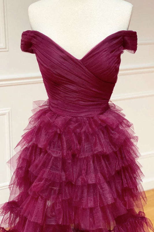 Burgundy Sweetheart Off-Shoulder Tulle Long Prom Dress Tulle Formal Dress