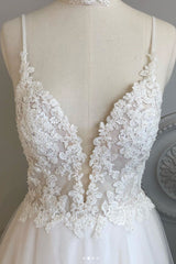 White V-Neck Tulle Lace Long Prom Dress White Tulle Evening Dress