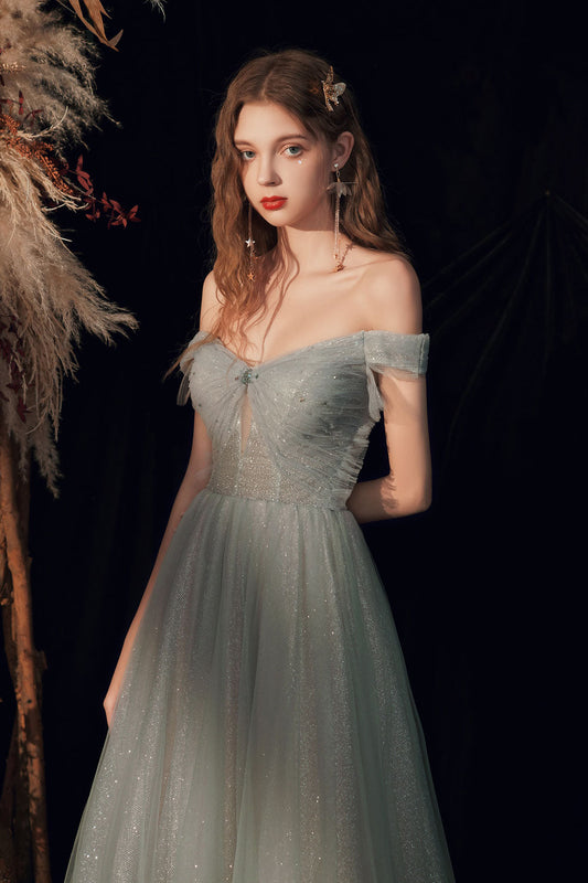 Gray Green Off-Shoulder Tulle Long Prom Dress Gray Tulle Formal Dress