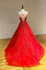 Red Tulle Lace Long Prom Dress Lace Tulle Formal Gown