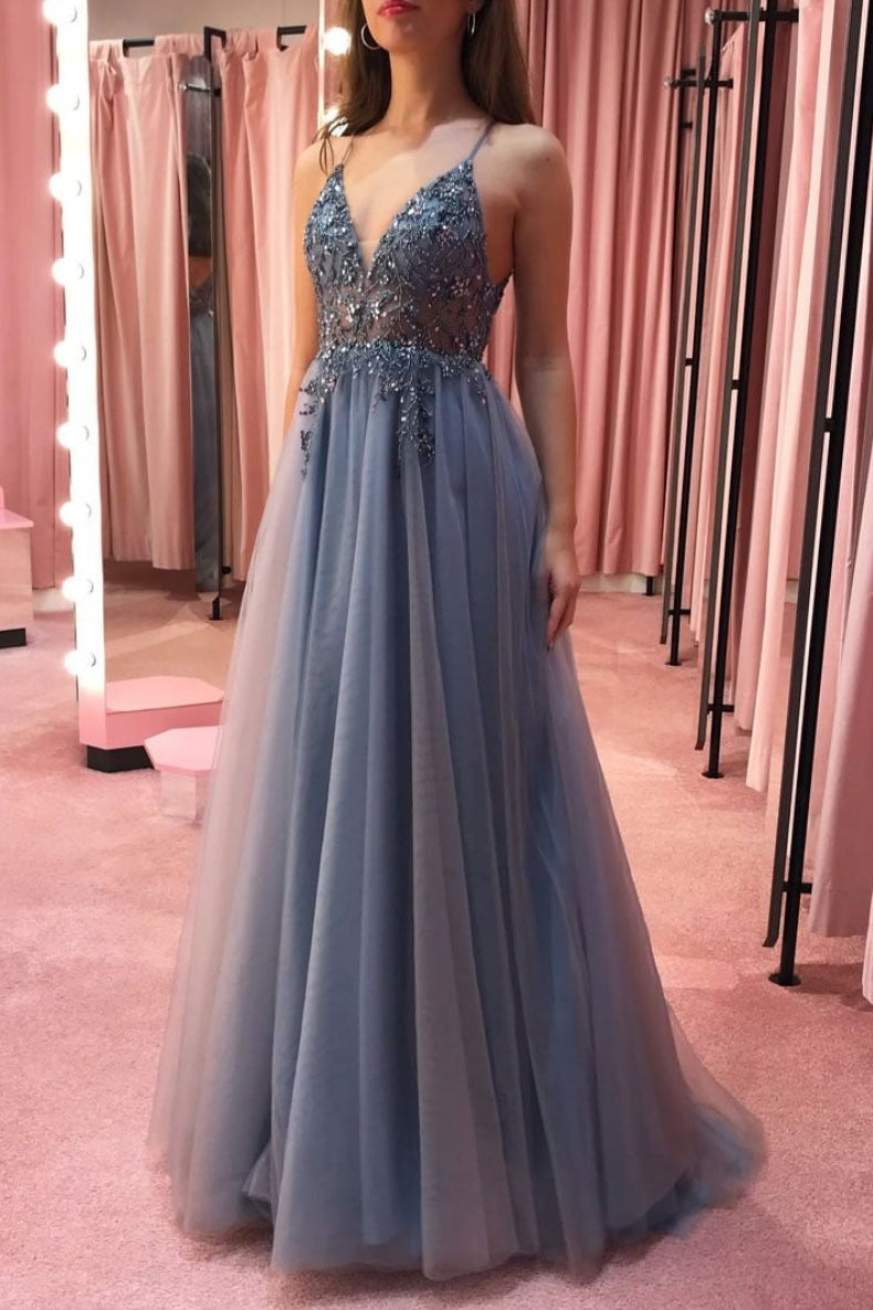 Gray V-Neck Tulle Beaded Long Prom Dress Gray Tulle Formal Dress