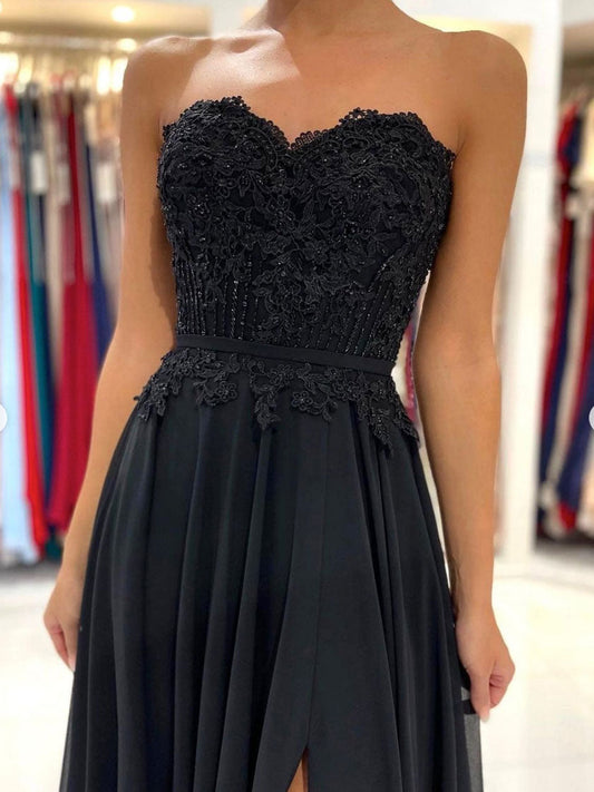 Black Sweetheart A-Line Chiffon Lace Long Prom Dress Black Evening Gown