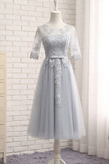 Gray Tulle Lace Long Prom Dress Gray Bridesmaid Dress