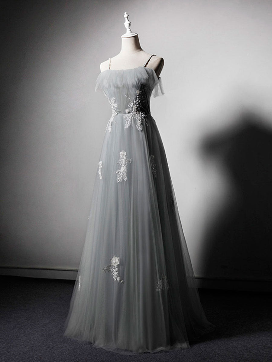 Simple Gray Tulle Lace Long Prom Dress Gray Tulle Formal Dress