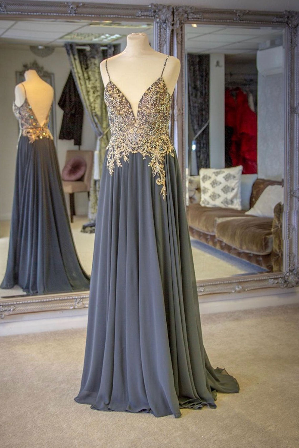 Charcoal Gray Lace Beaded Chiffon Long Prom Dress Evening Dress