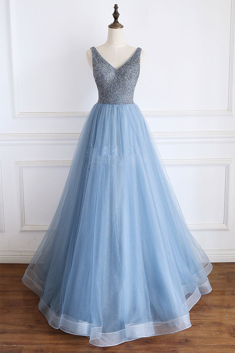 Blue V-Neck Beaded Sequin Tulle Long Prom Dress Blue Evening Dress