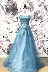 Blue Sweetheart Neck Tulle Applique Long Prom Dress Blue Evening Dress