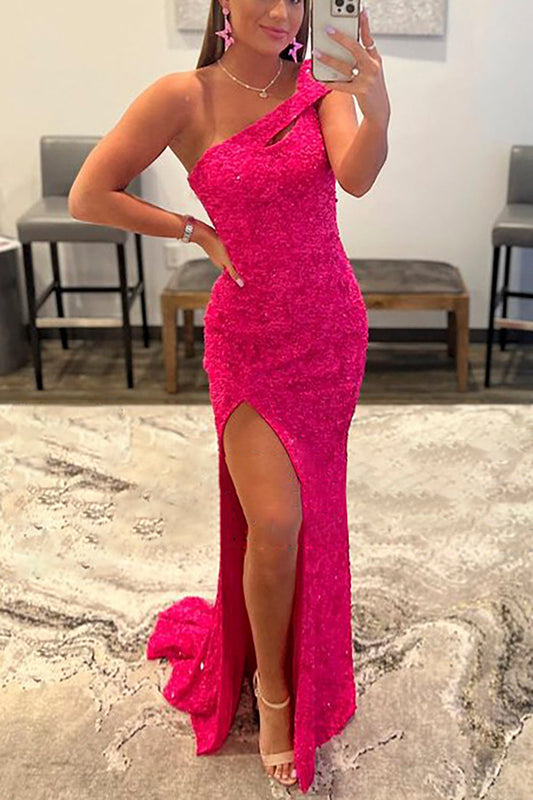 Fuchsia One Shoulder Sequins Prom Dress