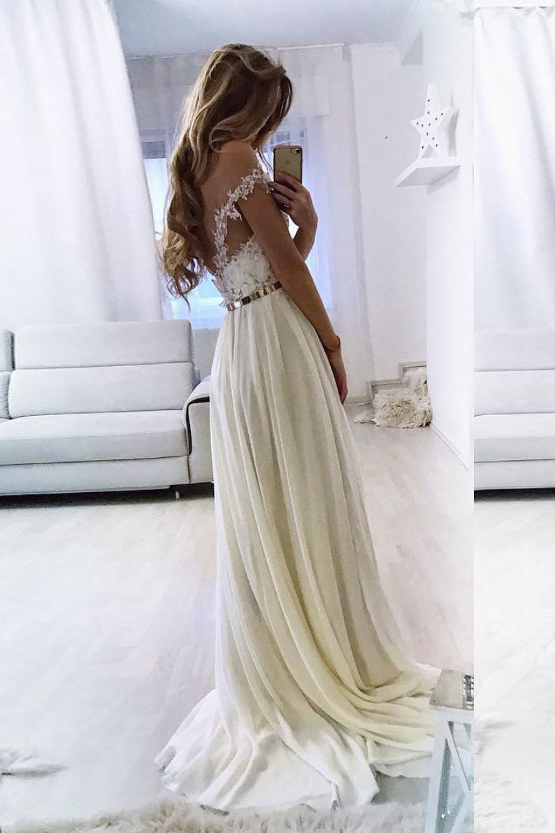 White Sweetheart Off-Shoulder Lace Chiffon Long Prom Dress Evening Dress