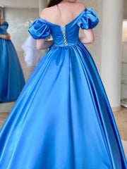 Blue Satin Long Prom Dress A-Line Long Blue Graduation Dress