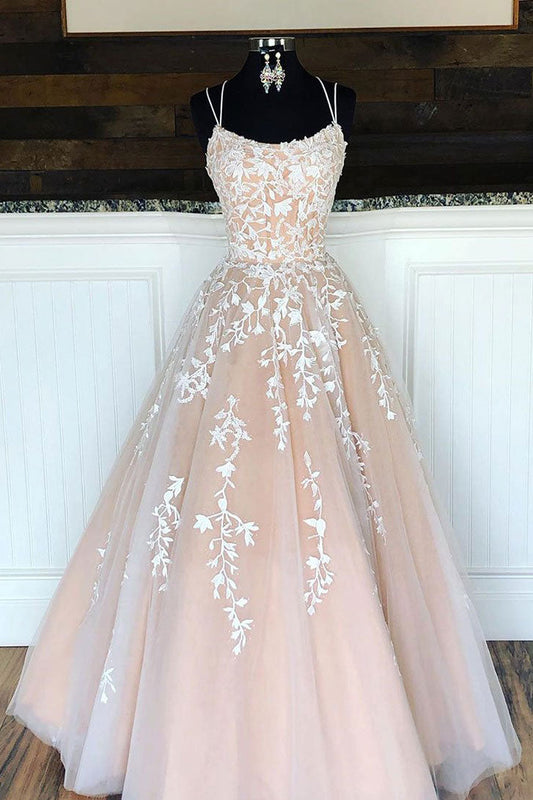 Champagne Tulle Lace Long Prom Dress Champagne Tulle Evening Dress