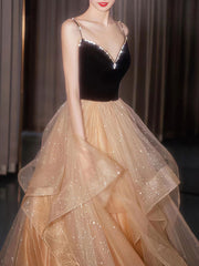 Champagne V-Neck Tulle Long Prom Dress Champagne Formal Graduation Dress