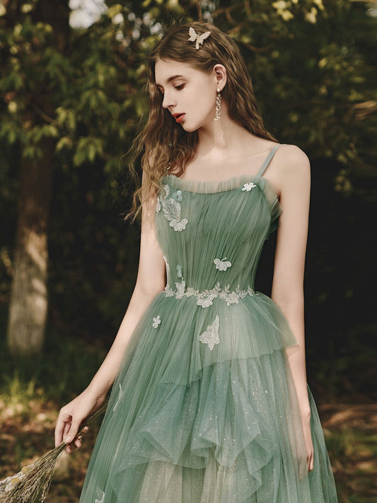 Green Tulle Lace Long Prom Dress Green Formal Gown